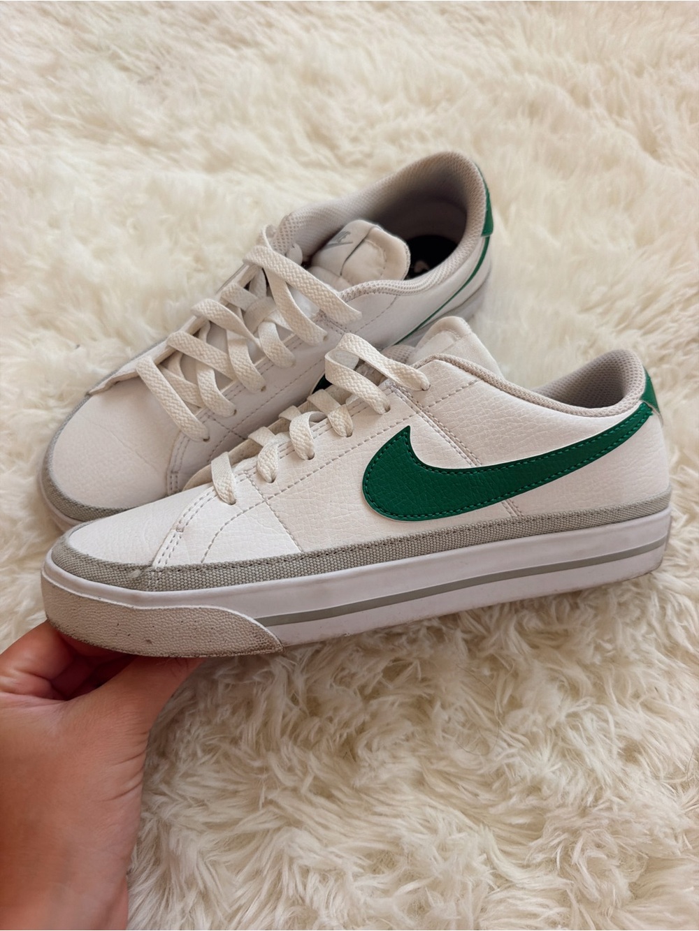 Nike Women’s White Sneakers with Green Swoosh and Gray Trim